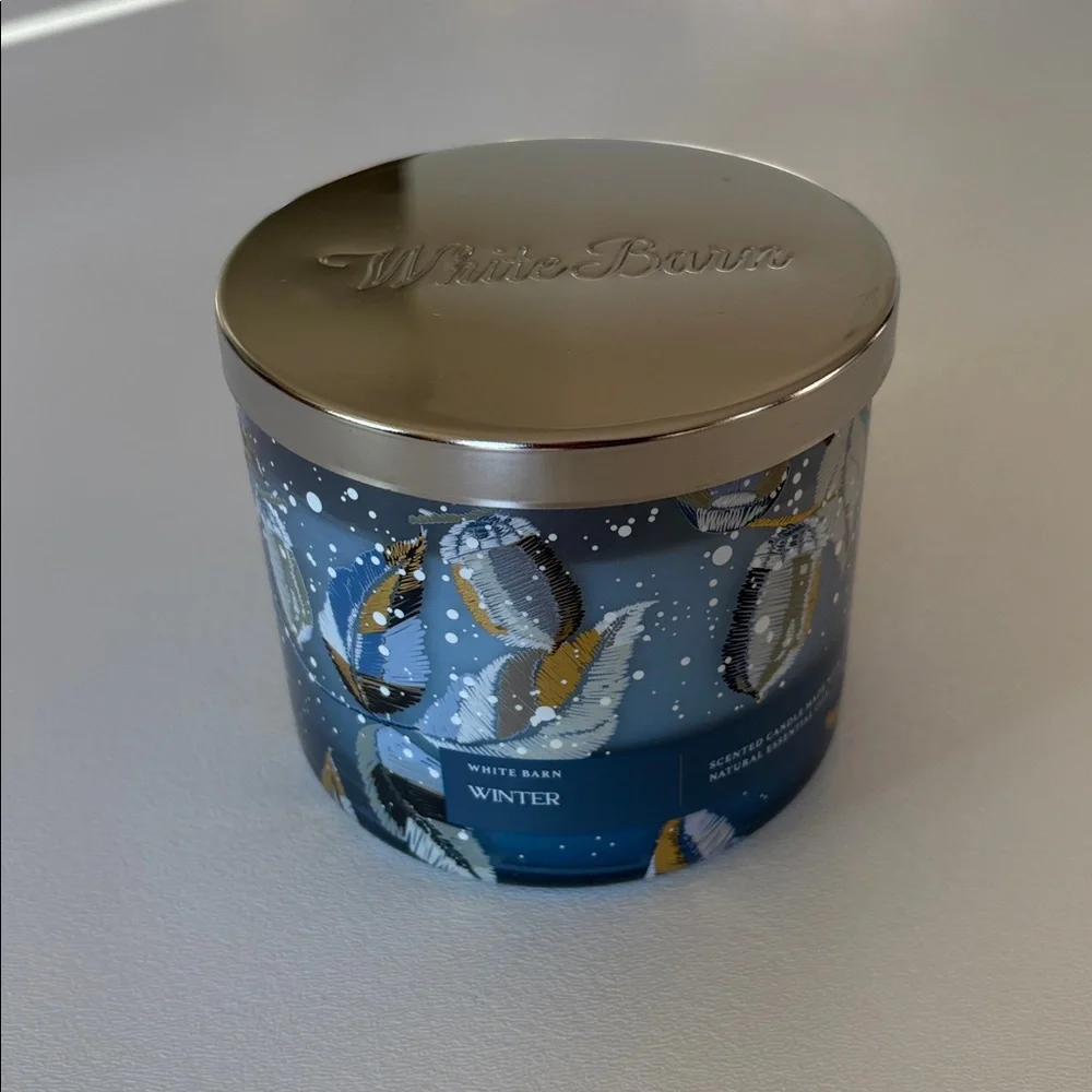 NWT Bath and Body Works White Barn Winter 3 Wick Candle with Box Cozy Blue Snow - Picture 2 of 10